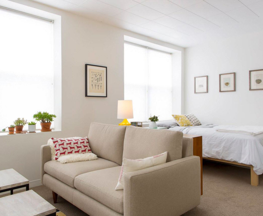 Диван позволяет визуально отделить зону для отдыха в маленькой комнате