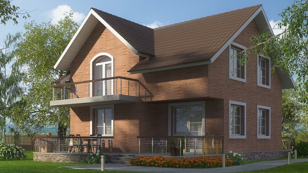 Двухэтажный коттедж с балконом и террасой