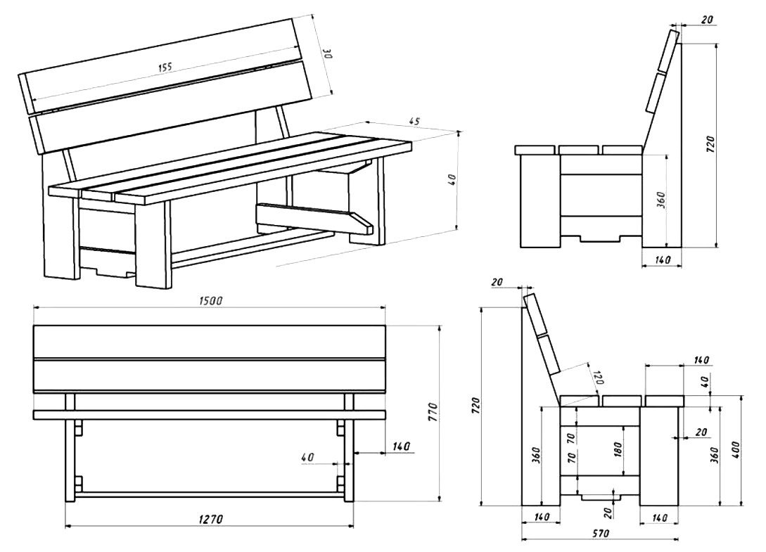 Рабочий чертеж деревянной скамейки